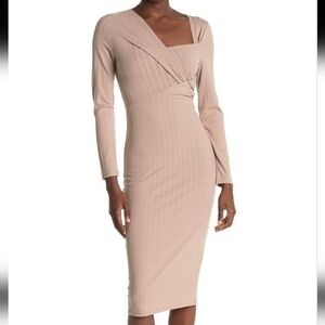 ASTR the Label Tan Twist Front Long Sleeve Ribbed Midi Dress M